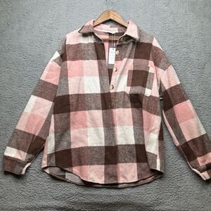 Flannel shacket viral tik tok pink brown plaid sz large Nwt